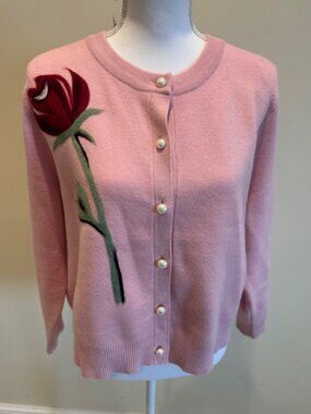 Sioni Pink Cardigan Sweater with Red Rose Embroidery